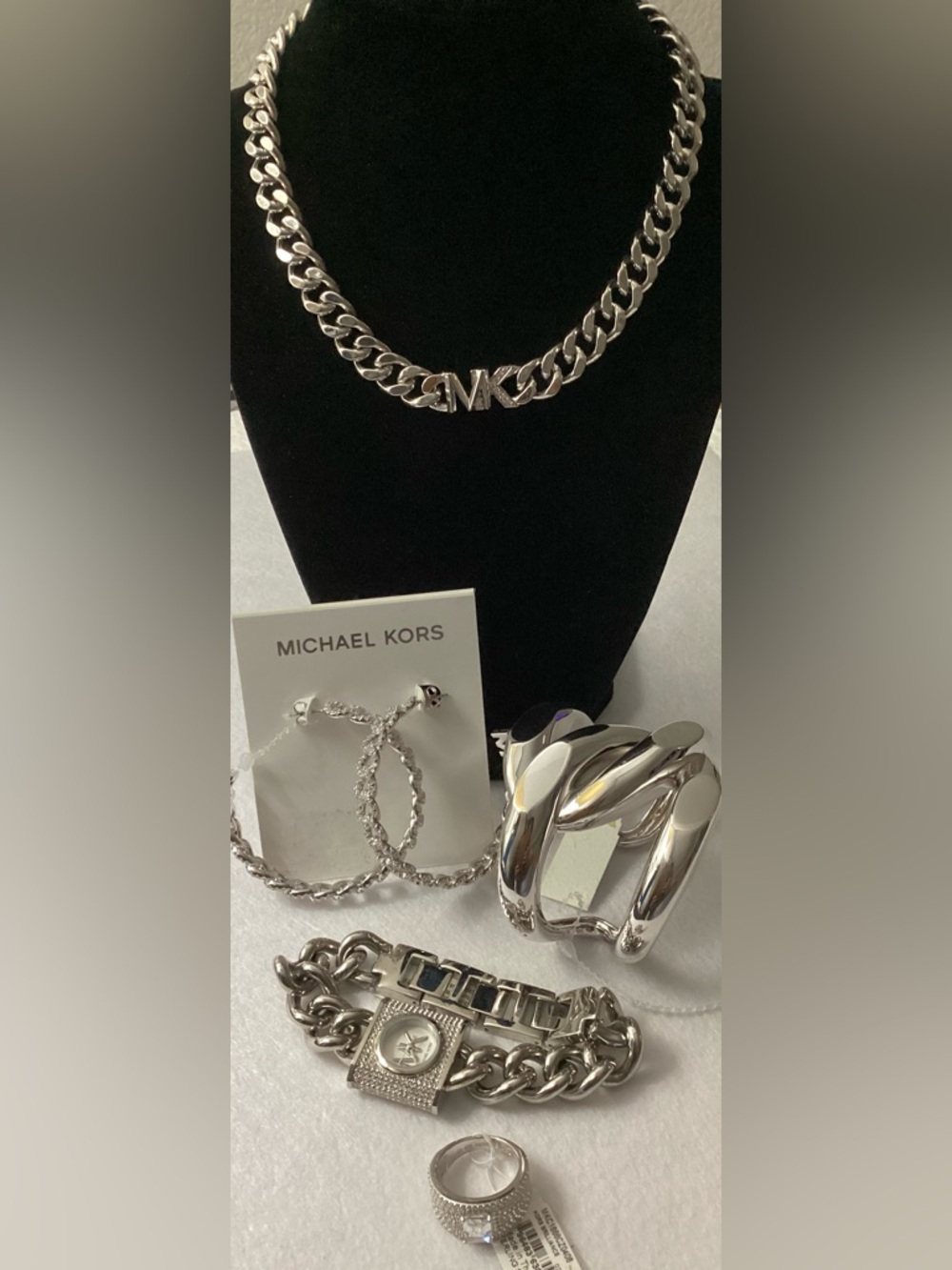 Michael Kors Silver-Tone Chain Necklace, Watch, Earring, Ring, Bracelet Set